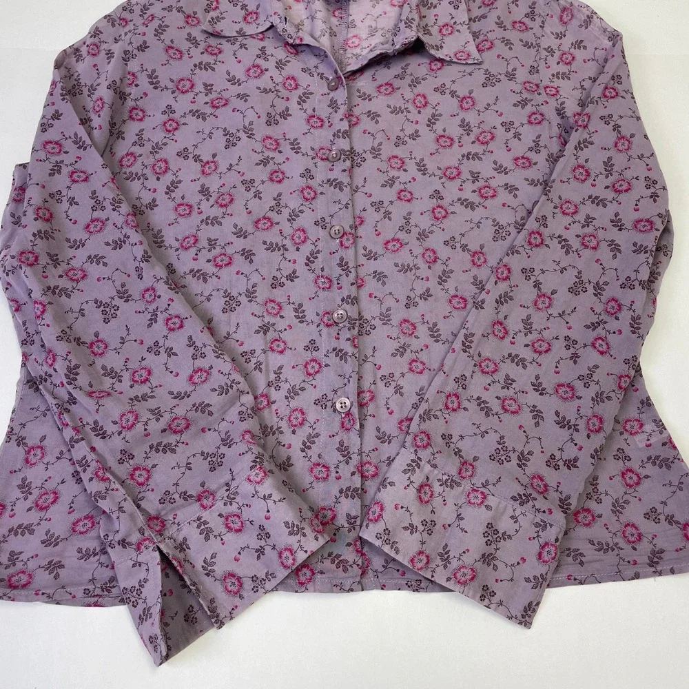 The Limited Purple Floral Cotton Button Down Shirt L Roll Tab Sleeve Hippie